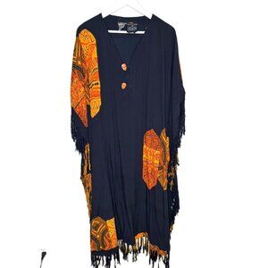 Vintage 90s Black & Orange Boho Maxi-Length Kaftan, Fringe Accents, Art-to-Wear